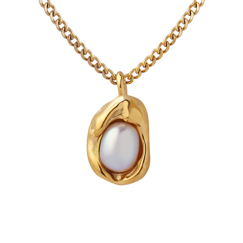 316L Stainless Steel Natural Freshwater Pearl Irregular Pendant Cuban Chain Necklace - Image 3