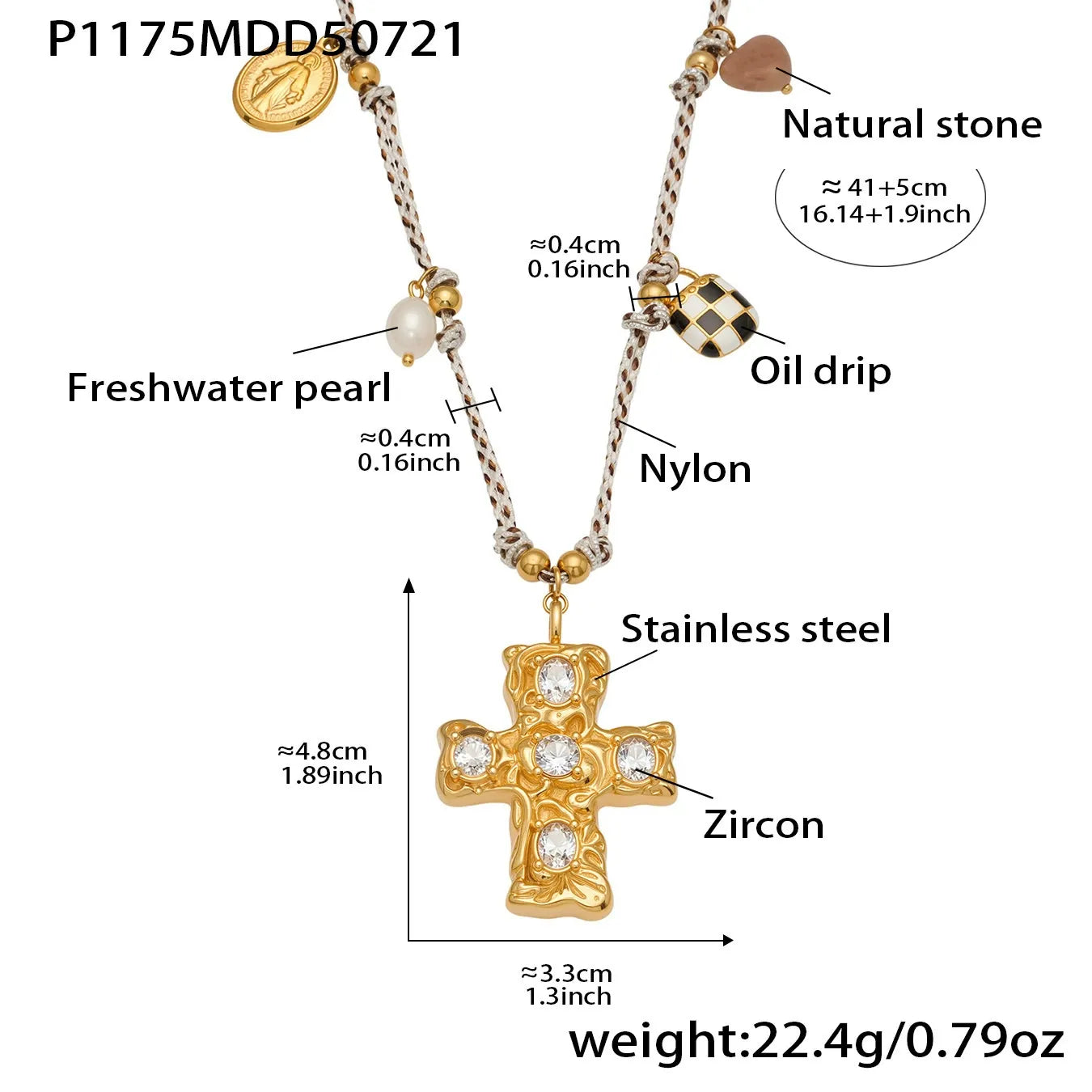 316L Stainless Steel Natural Freshwater Pearl Zircon Cross Long Necklace - Image 8