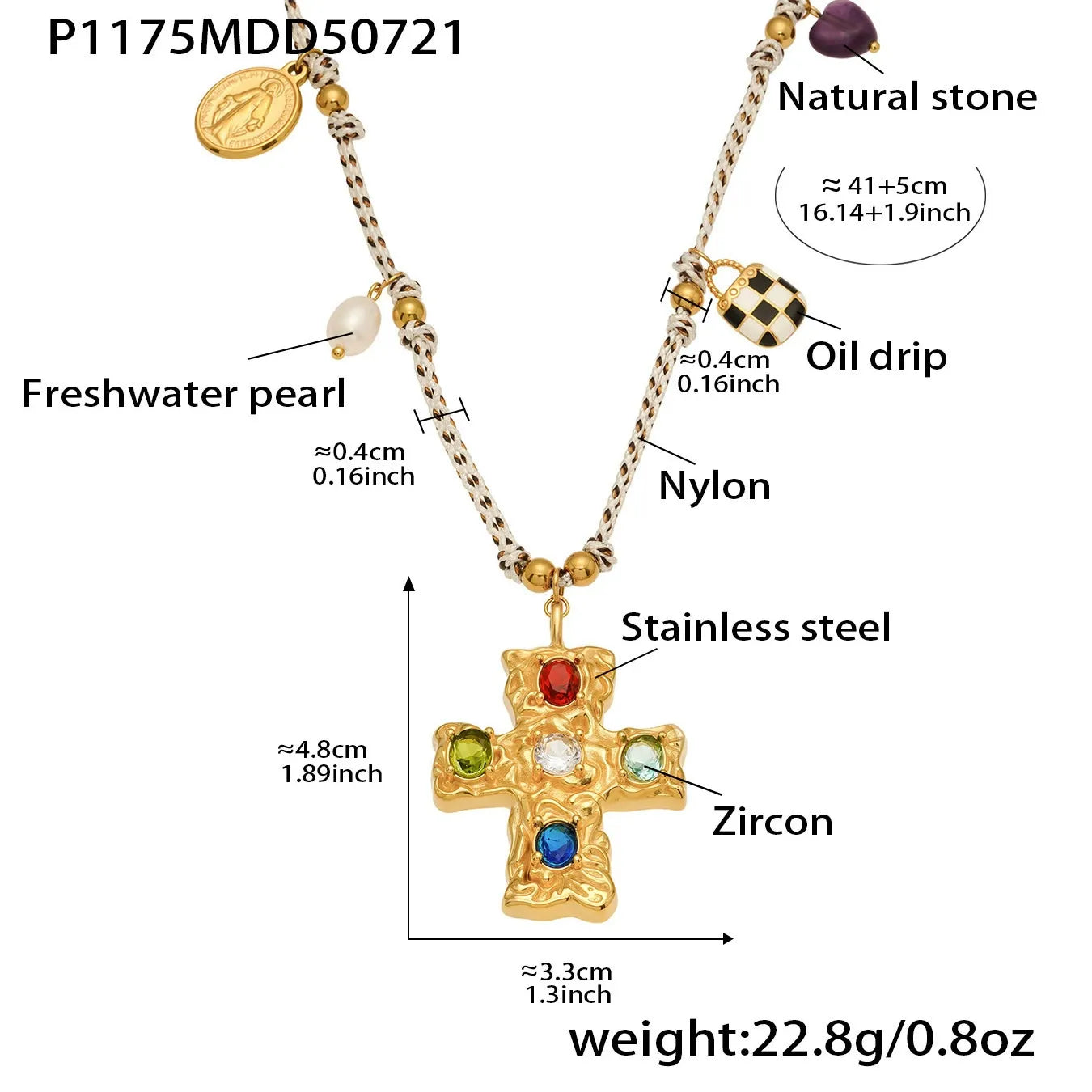 316L Stainless Steel Natural Freshwater Pearl Zircon Cross Long Necklace - Image 9