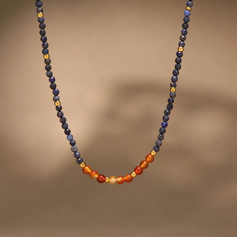 316L Stainless Steel Natural Lapis Lazuli & Red Agate Beaded Choker Necklace - Image 2