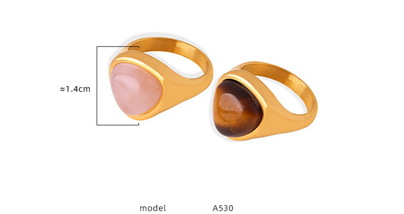 316L Stainless Steel Natural Rose Quartz & Tiger Eye Stone Inlaid Vintage Elegant Couple's Ring - Image 1