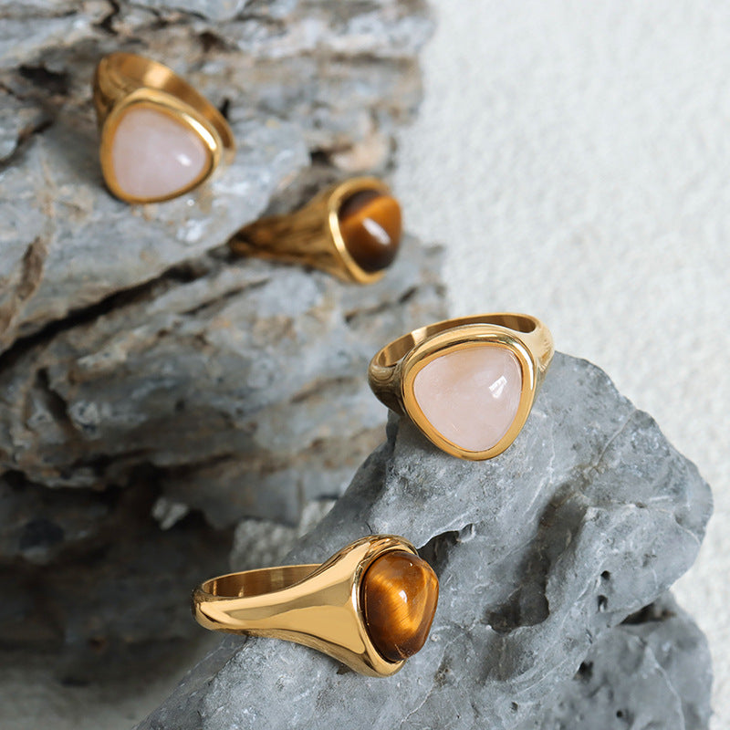 316L Stainless Steel Natural Rose Quartz & Tiger Eye Stone Inlaid Vintage Elegant Couple's Ring - Image 2