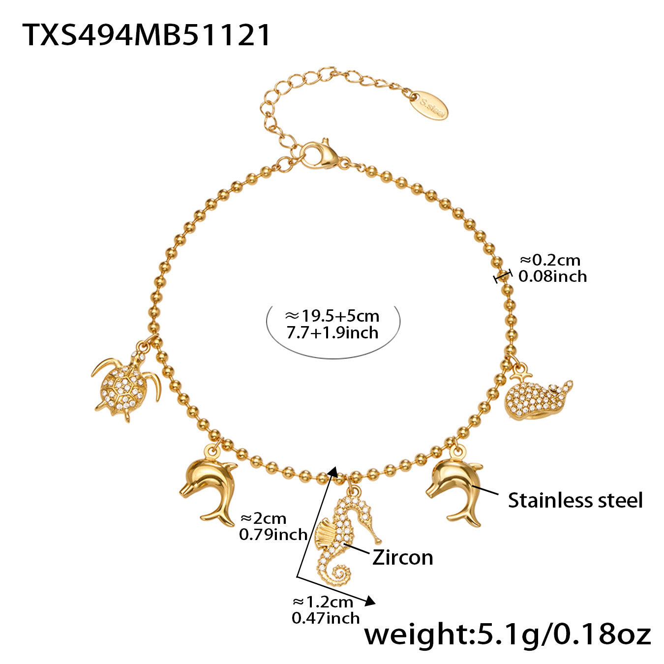 316L stainless steel ocean charm bead chain bracelet in gold with dolphin turtle and zircon seahorse charms