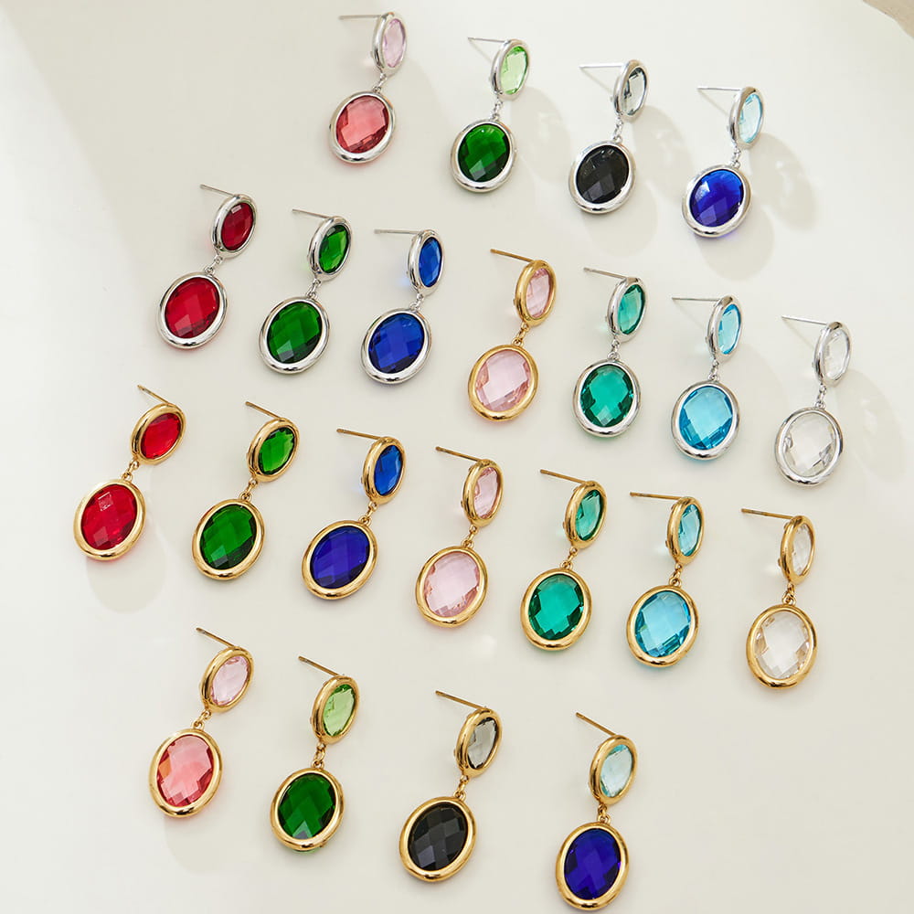316L stainless steel oval faceted glass stone drop earrings wholesale assorted colors
