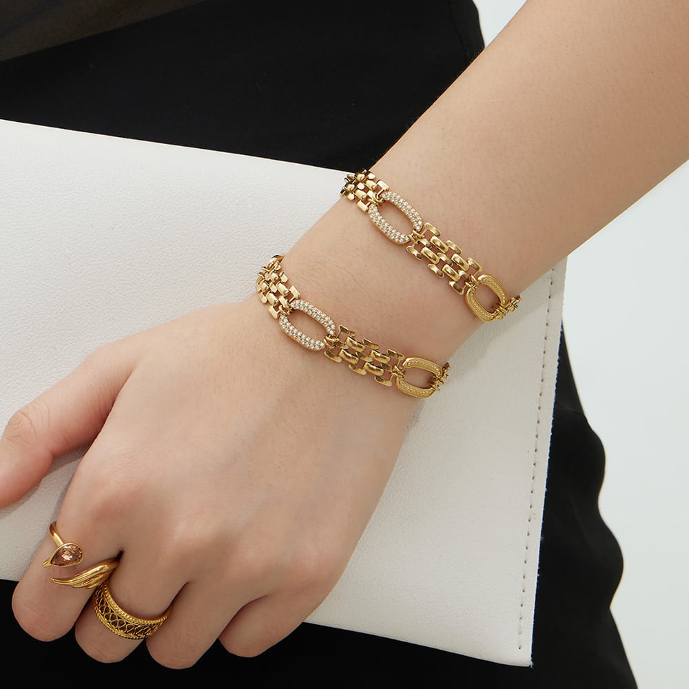 316L stainless steel oval link zircon bracelet side view chain structure