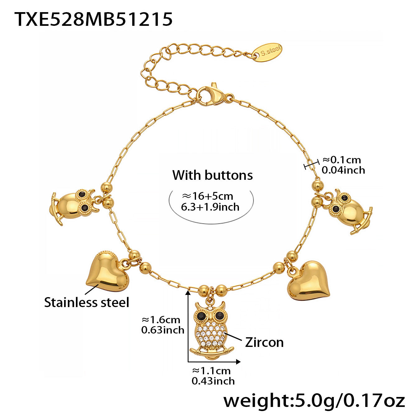 316L stainless steel owl charm bracelet with zircon stones and adjustable length