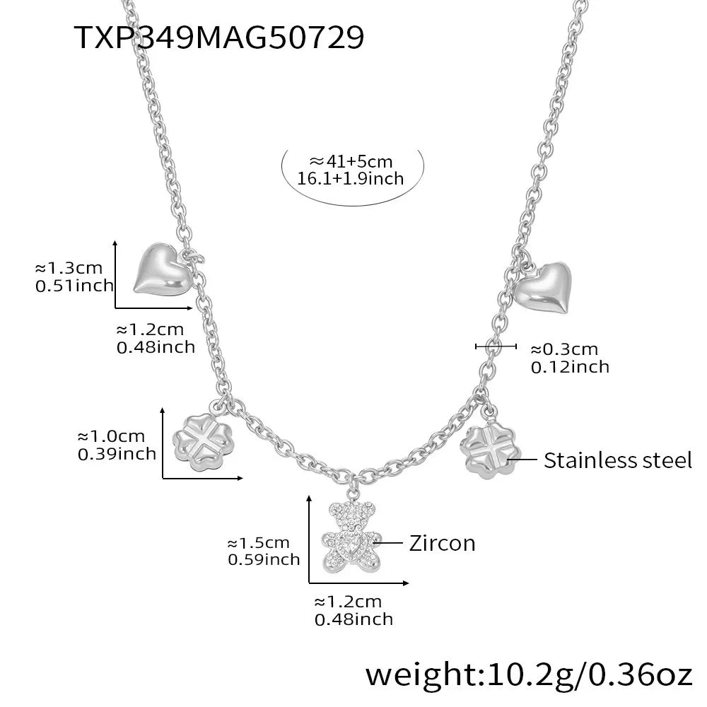 316L Stainless Steel Pave Bear Heart Clover Designer Necklace & Bracelet Set - Image 8