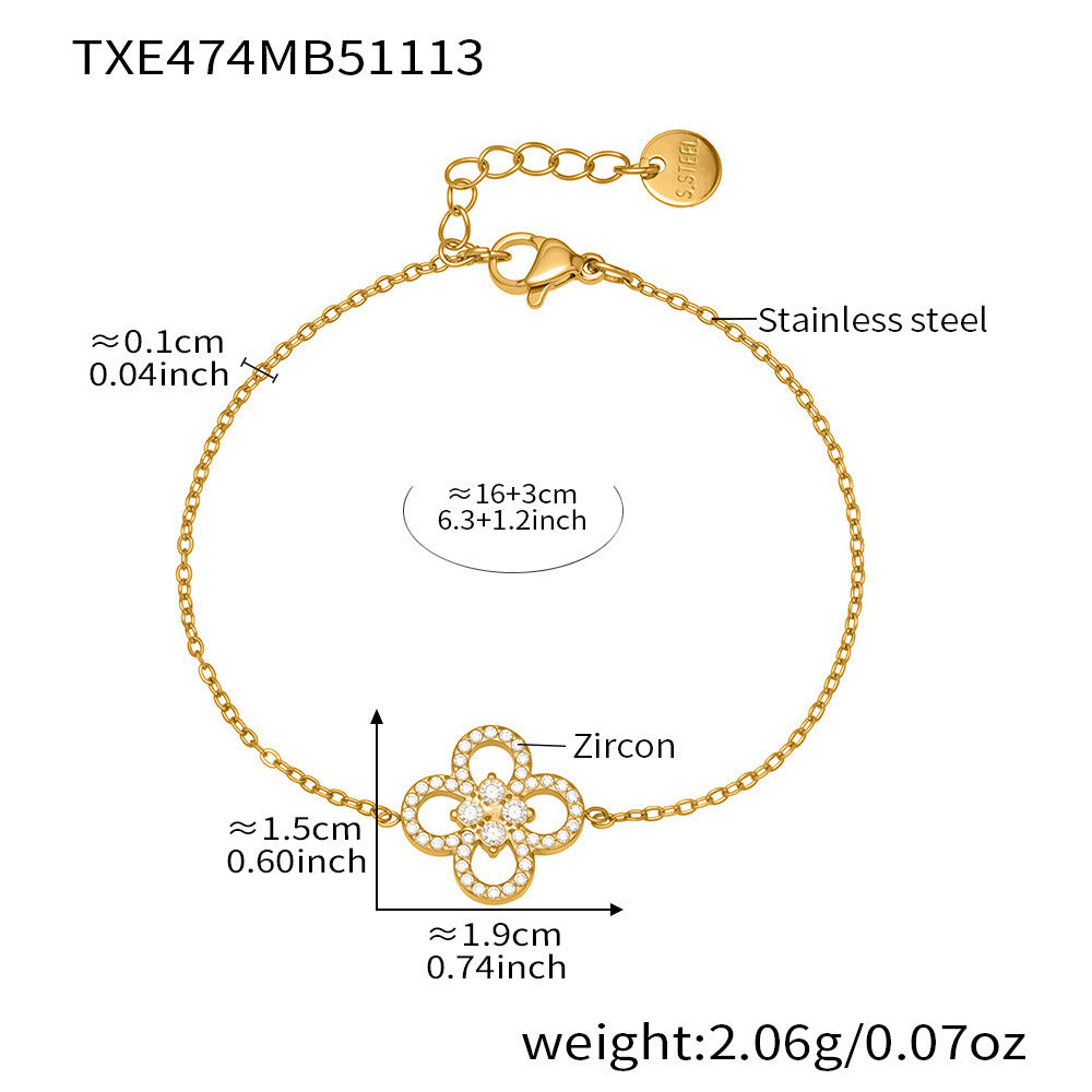 316L Stainless Steel Pave Zircon Four-Leaf Clover Charm Necklace & Bracelet - Image 3