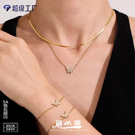 316L Stainless Steel Paved Butterfly Zircon Necklace and Bracelet Set - Image 1