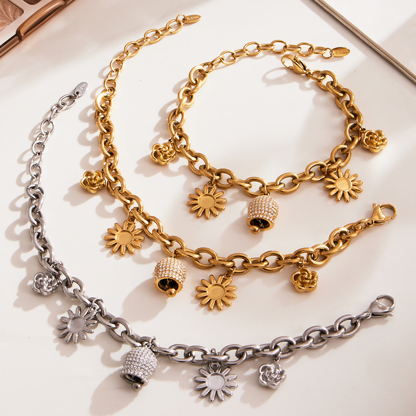 316L Stainless Steel Paved Zircon Bell Charm Bracelet and Necklace - Image 13