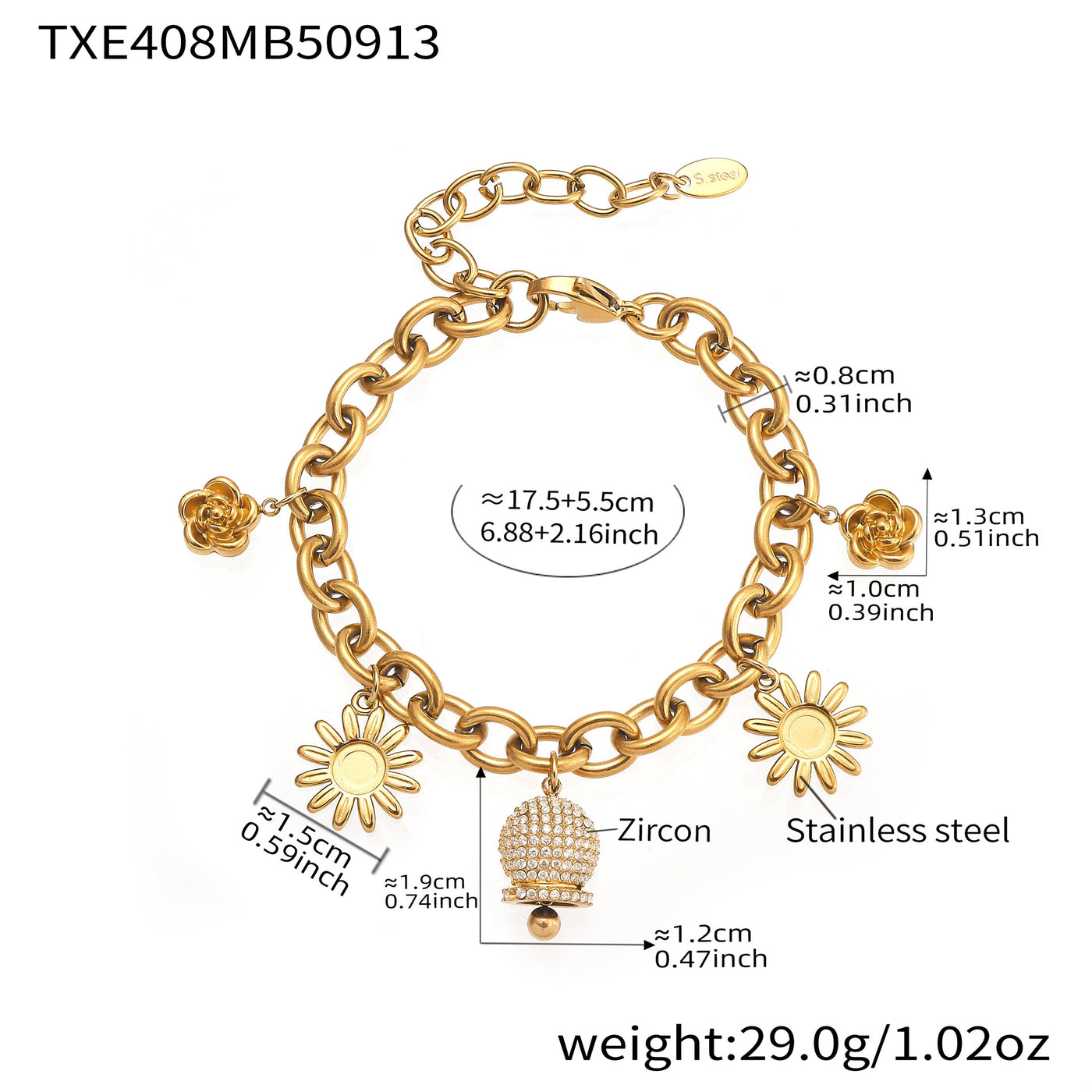 316L Stainless Steel Paved Zircon Bell Charm Bracelet and Necklace - Image 2