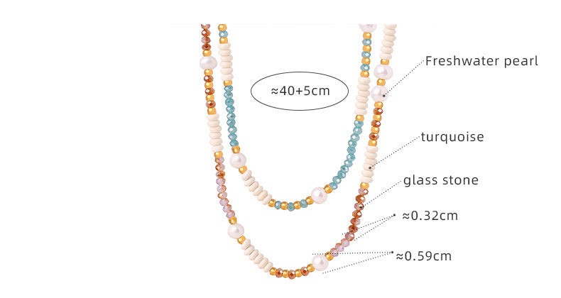Material detail of 316L stainless steel pearl and glass stone necklace with PVD gold plating