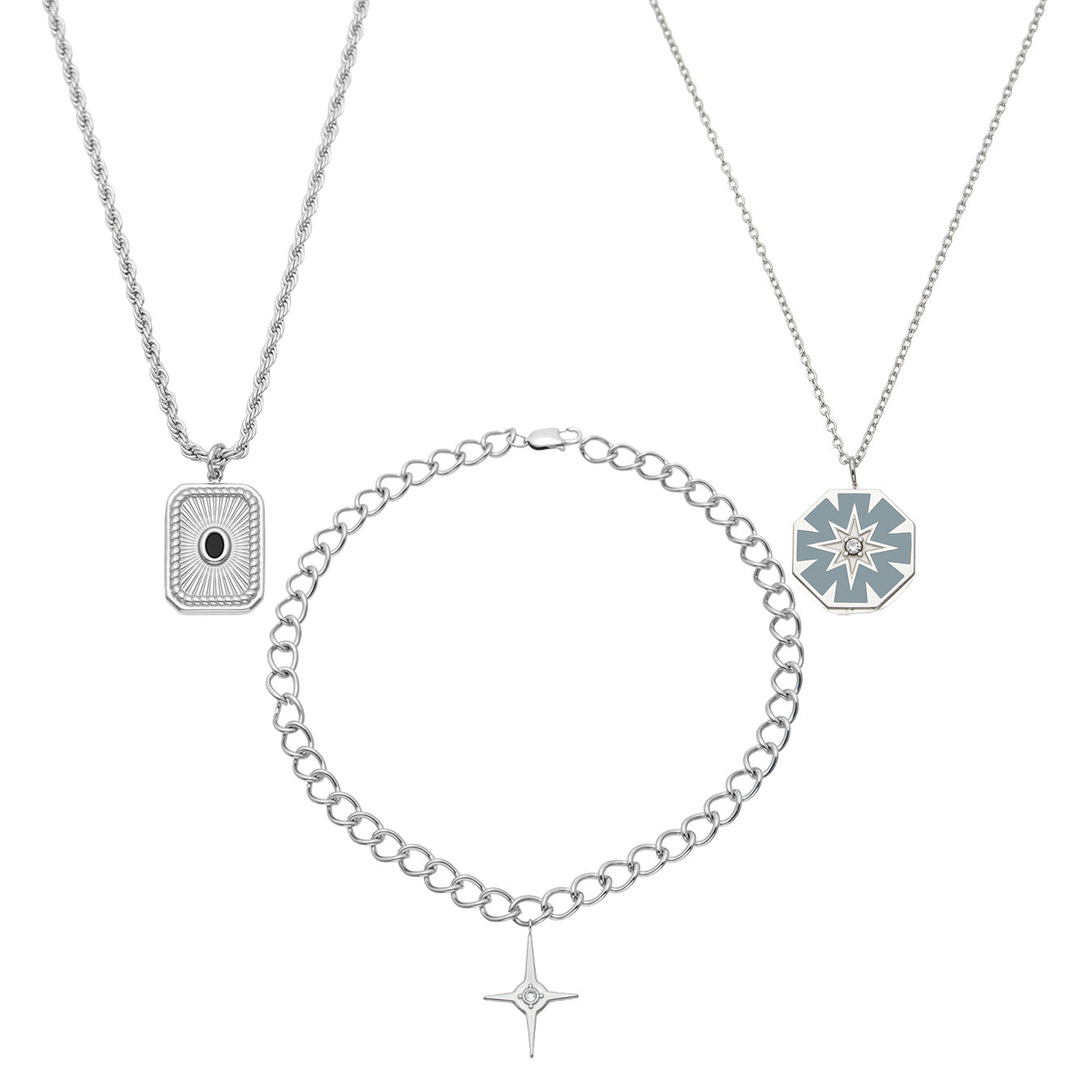 Three 316L stainless steel pendant necklaces in square, starburst and four-point cross designs