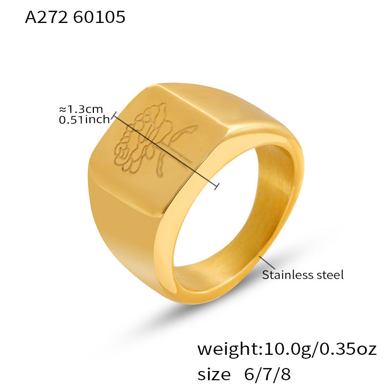 316L Stainless Steel Butterfly & Peony Engraved Signet Ring