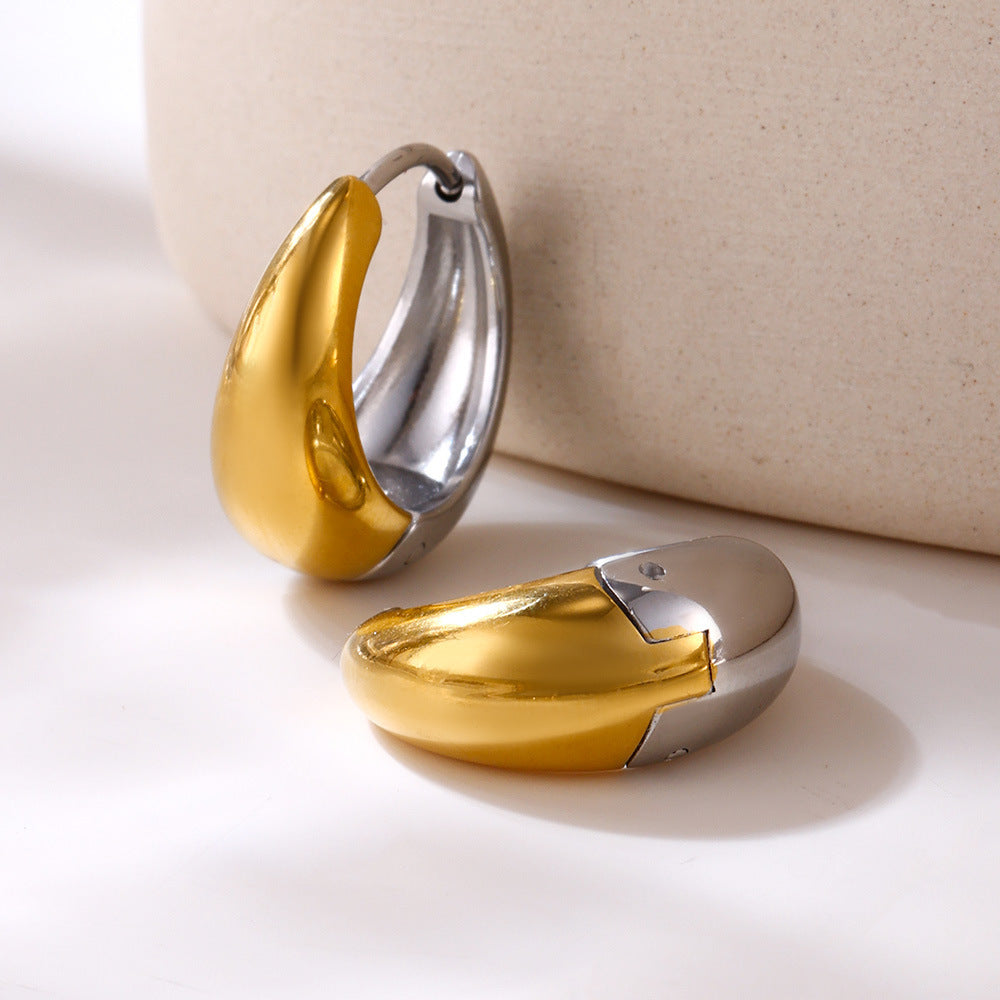 316L stainless steel Mixed Metal Two-Tone Teardrop Huggie Hoop Earrings modeled styling view for wholesale earrings buyers