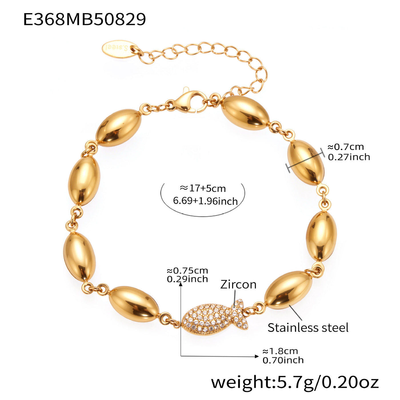 316L Stainless Steel Polished Hollow Oval Fish Link Bracelet with Zircon - Image 7