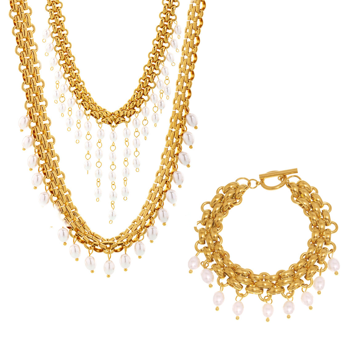 316L Stainless Steel Regal Multi-layer Beaded Tassel Necklace & Bracelet Set - Image 4