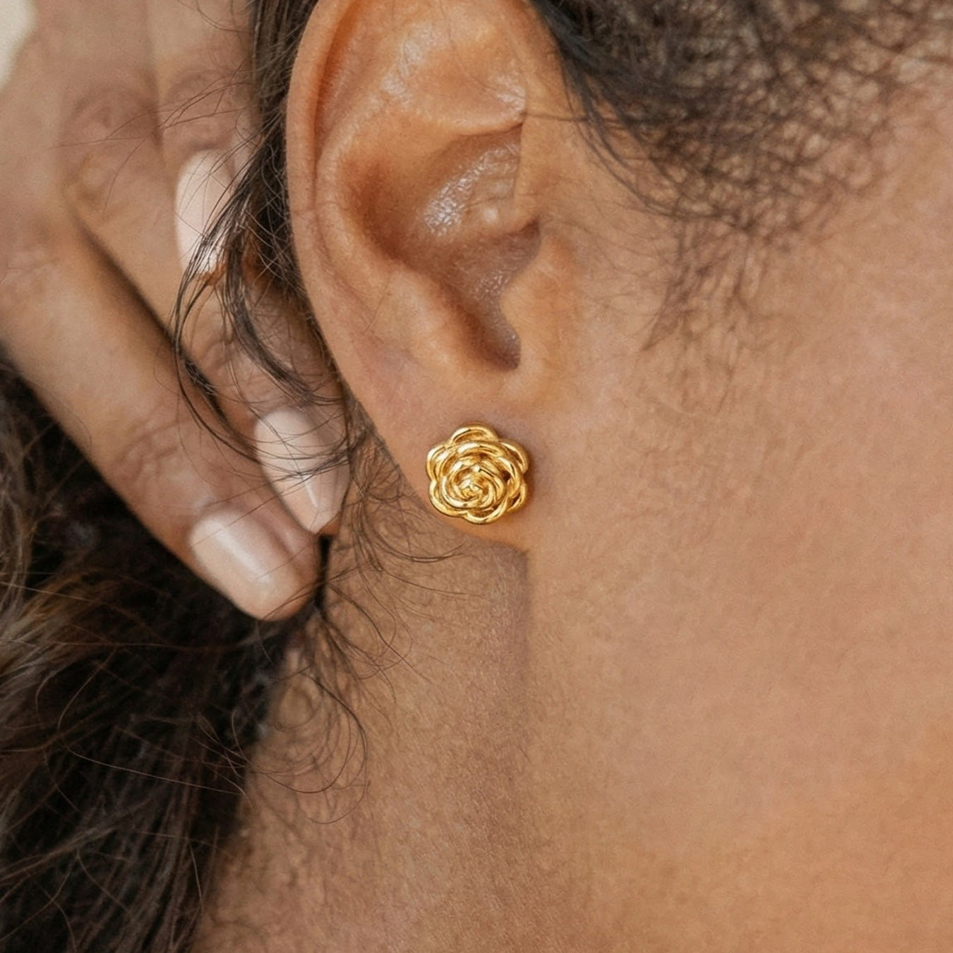 316L Stainless Steel 18K PVD gold rose flower stud earrings on ear, waterproof wholesale