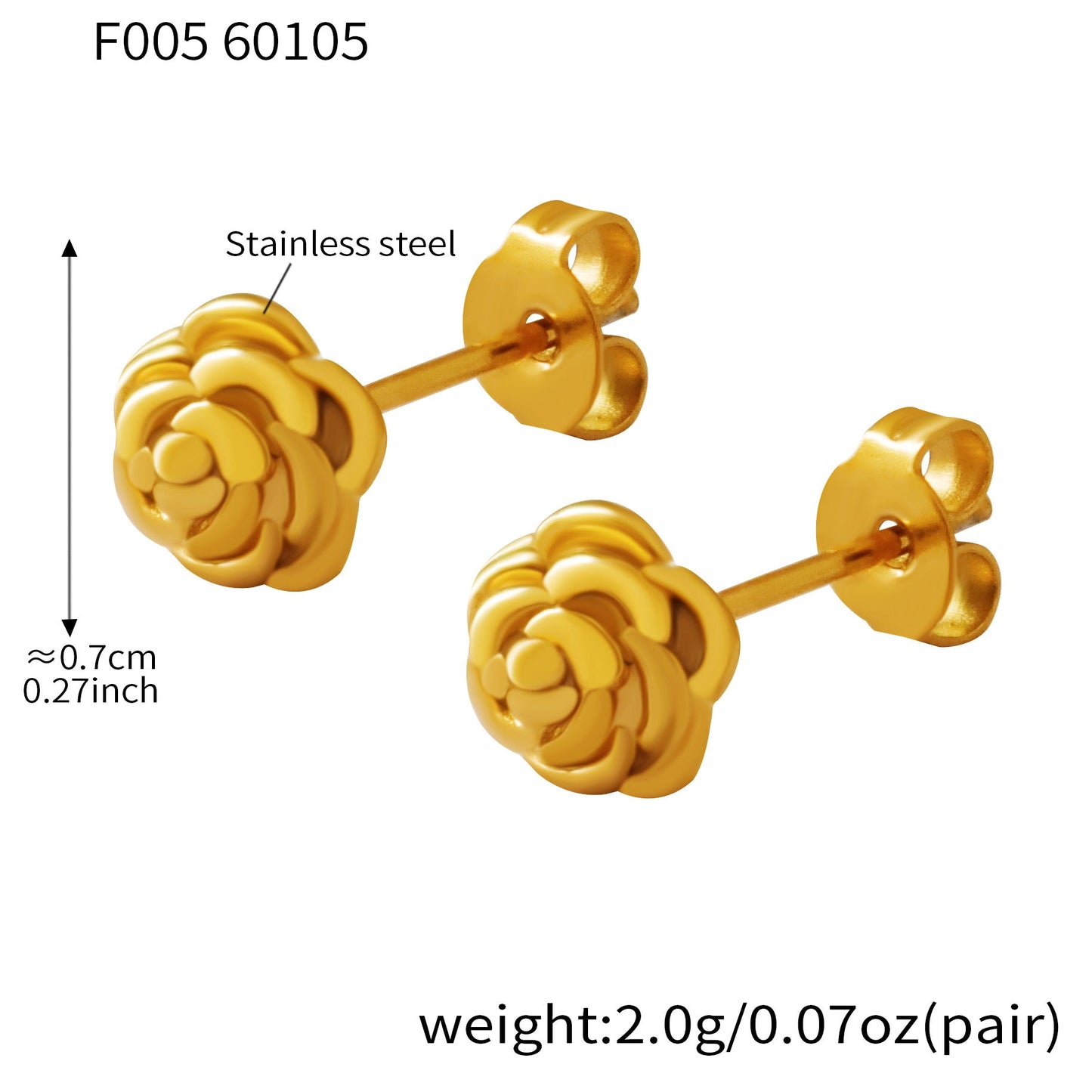 316L Stainless Steel gold rose flower stud earrings size and weight details, 0.7cm, 2g per pair