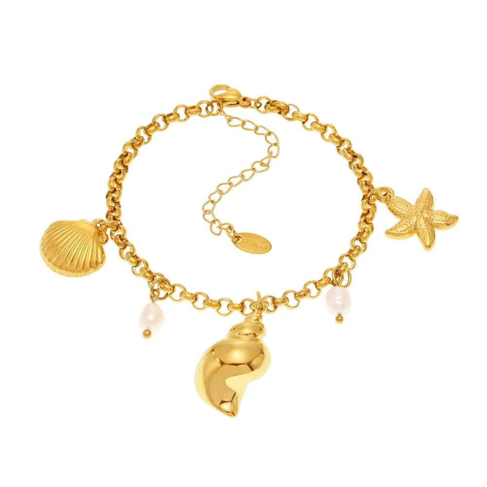 18K PVD gold 316L stainless steel freshwater pearl shell charm anklet and bracelet set, waterproof coastal jewelry for wholesale