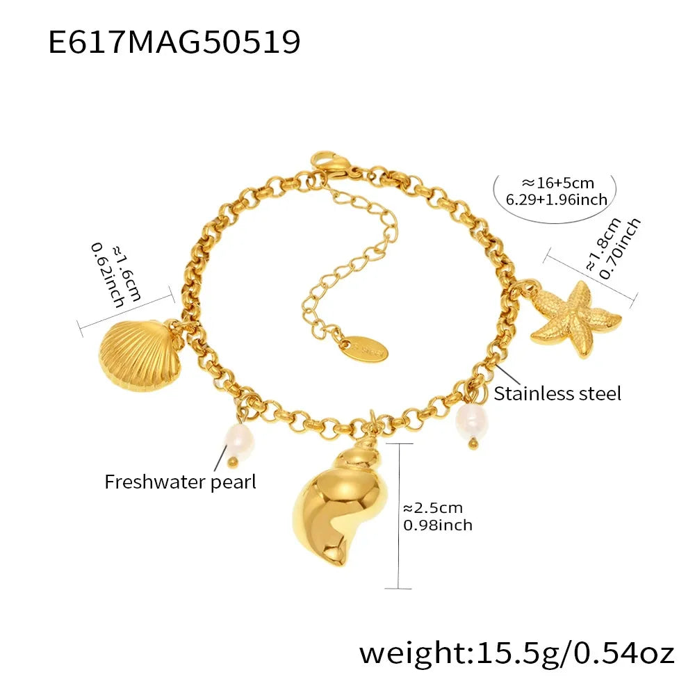 White background product image of gold shell charm anklet with extender chain, 316L stainless steel adjustable beach jewelry
