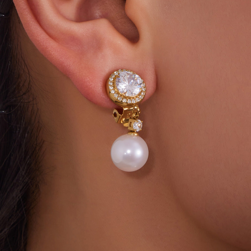 316L Stainless Steel Sparkling 5A Zircon & Faux Pearl Dangle Ear Clips - Image 1