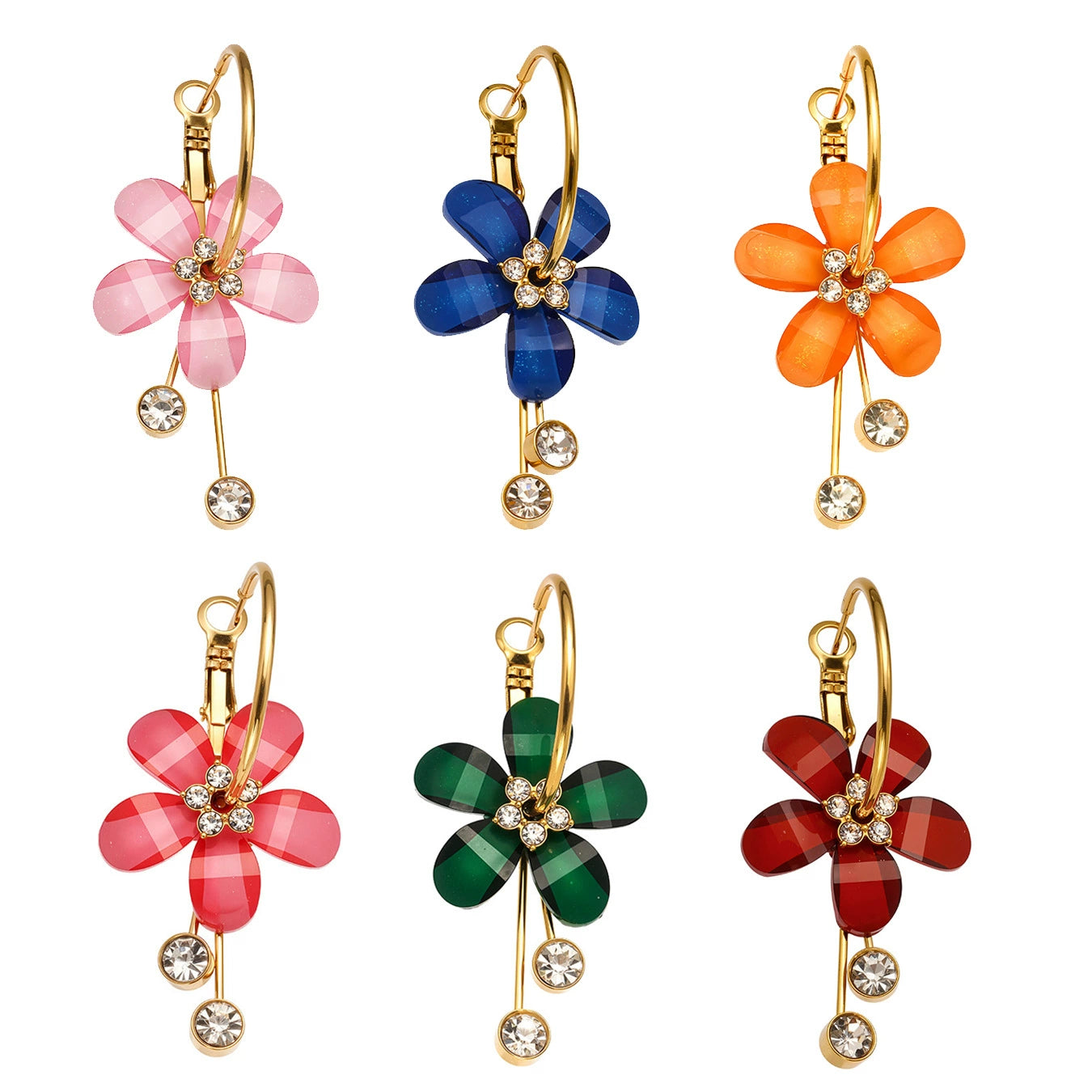 316L Stainless Steel Sparkling Camellia Tassel Hoop Earrings - Image 17
