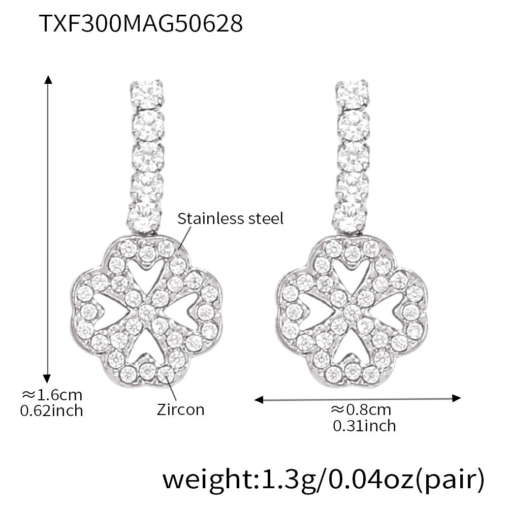 316L Stainless Steel Super Sparkling Zircon Heart Lucky Four-Leaf Clover Necklace Bracelet & Earrings Set - Image 2