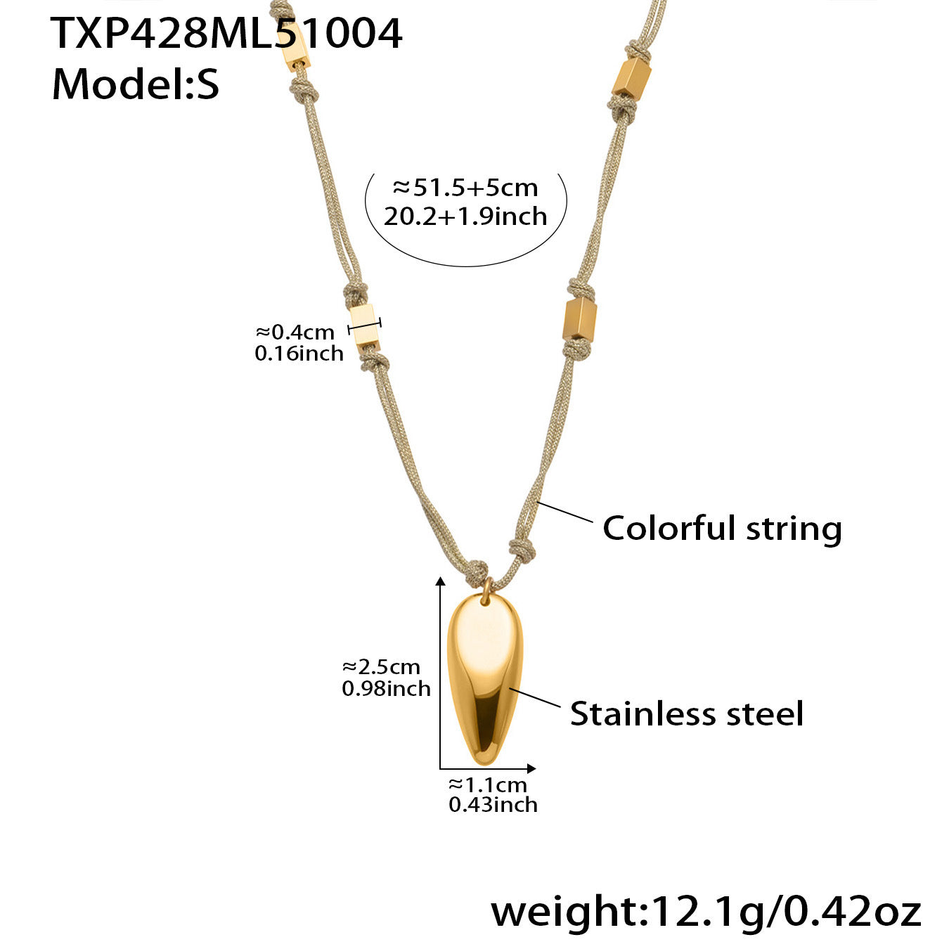 18K gold plated 316L stainless steel teardrop pendant necklace with colorful string