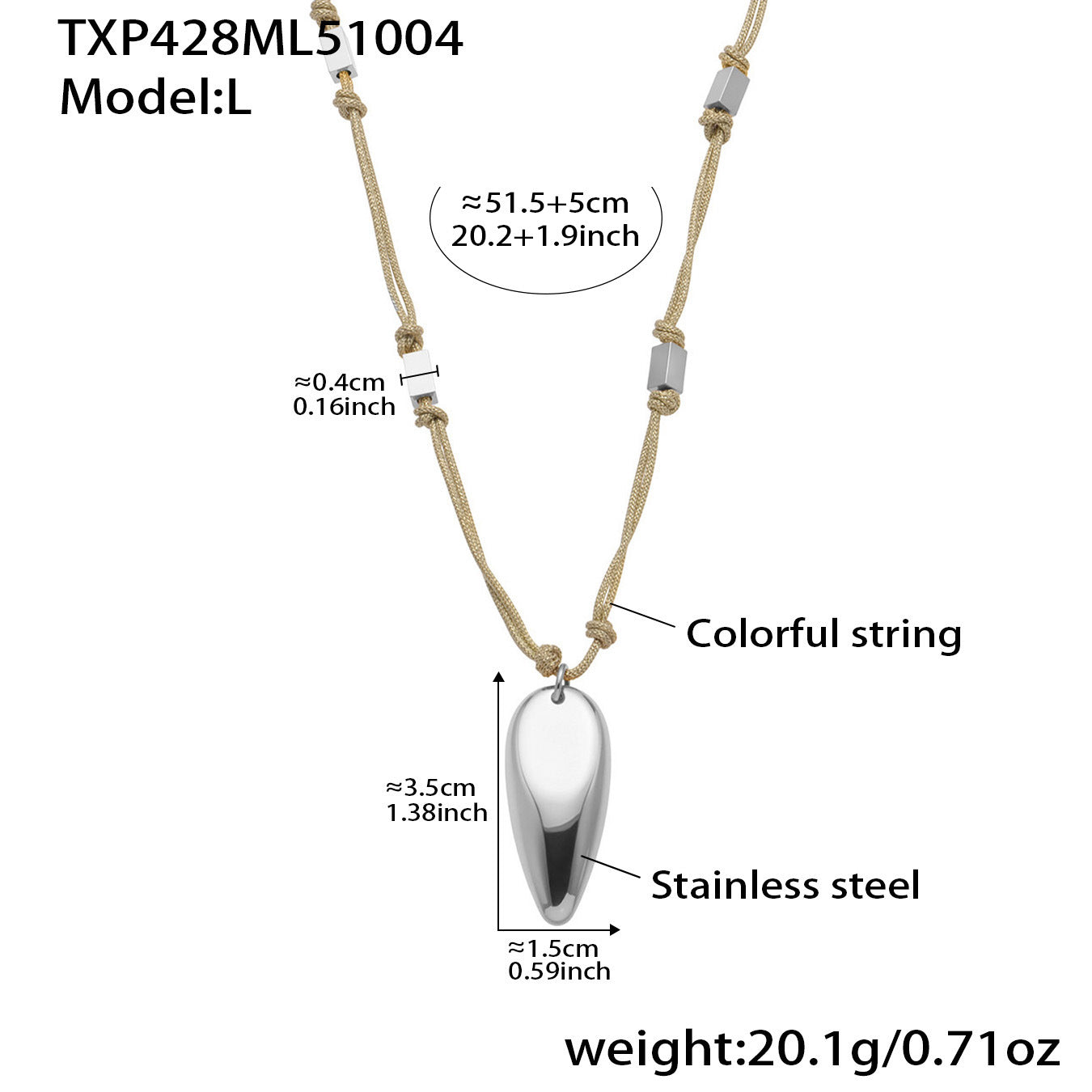 Large 316L stainless steel teardrop pendant necklace with colorful string cord