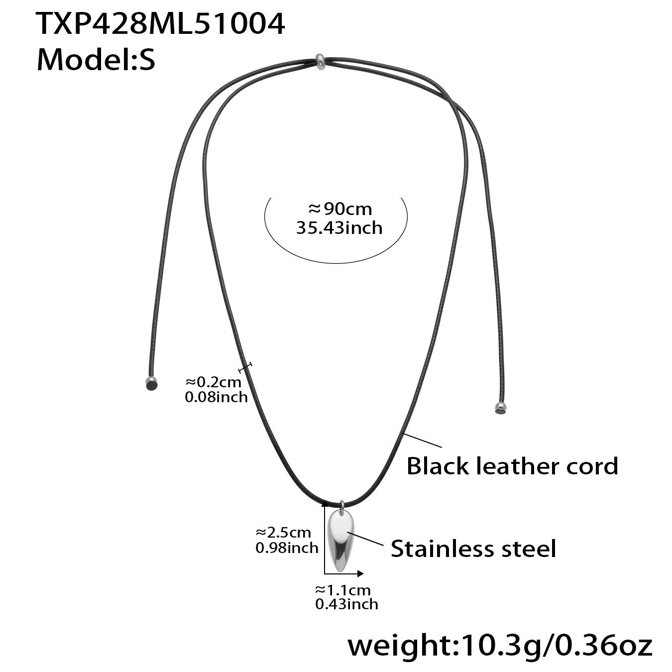316L stainless steel teardrop pendant necklace with black leather cord, minimalist design