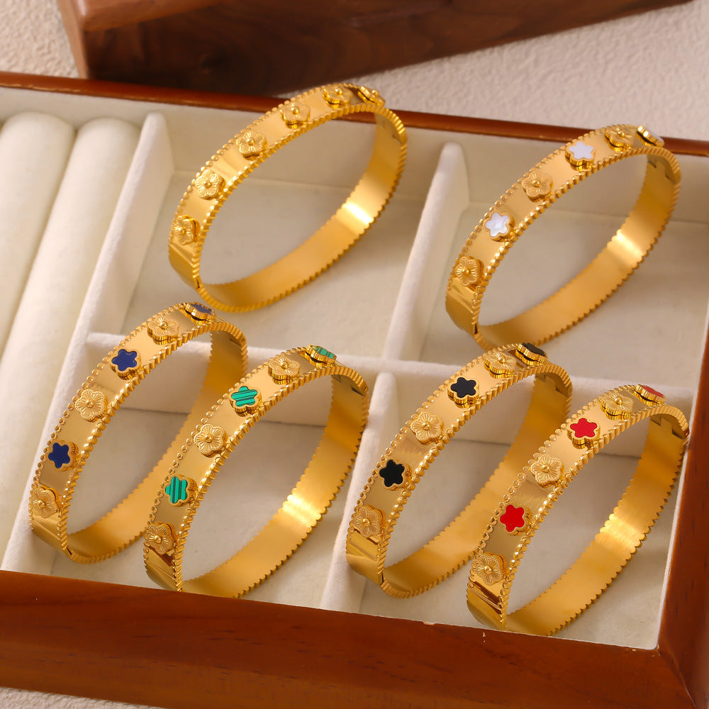 316L Stainless Steel Textured Floral Shell Inlay Bangle - Image 9