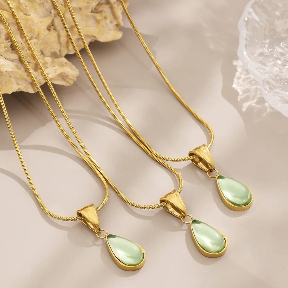 316L Stainless Steel Translucent Glass Teardrop Pendant Necklace - Image 2
