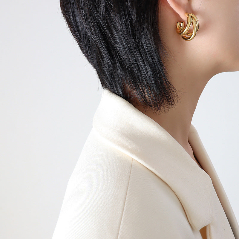 316L Stainless Steel Triple-Layered Hollow C-Shape Hoop Earrings - Image 4