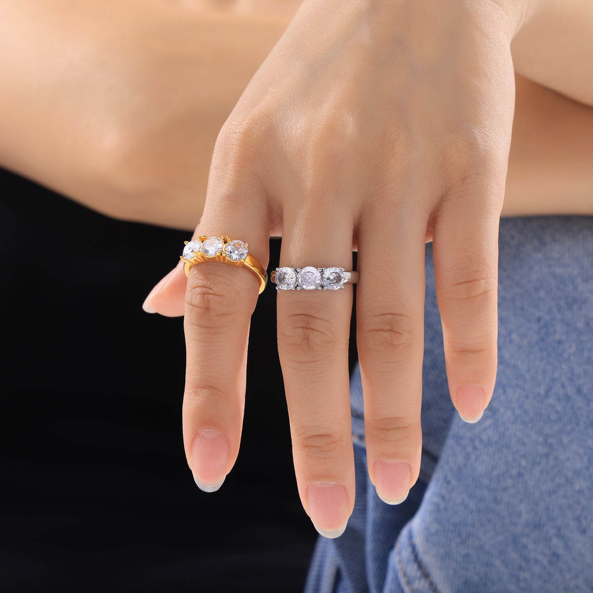 316L Stainless Steel 18K PVD Gold Triple Zircon Ring made with 316L stainless steel and 18K PVD gold finish for wholesale jewelry buyers - image 7