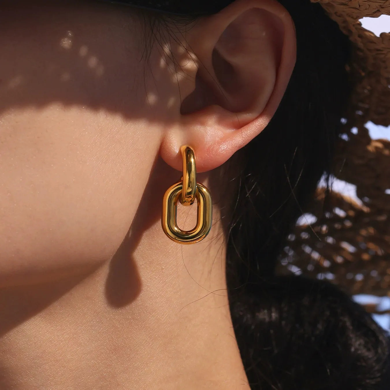 316L Stainless Steel Two-Tone Hollow Chain Link Earrings - Image 3