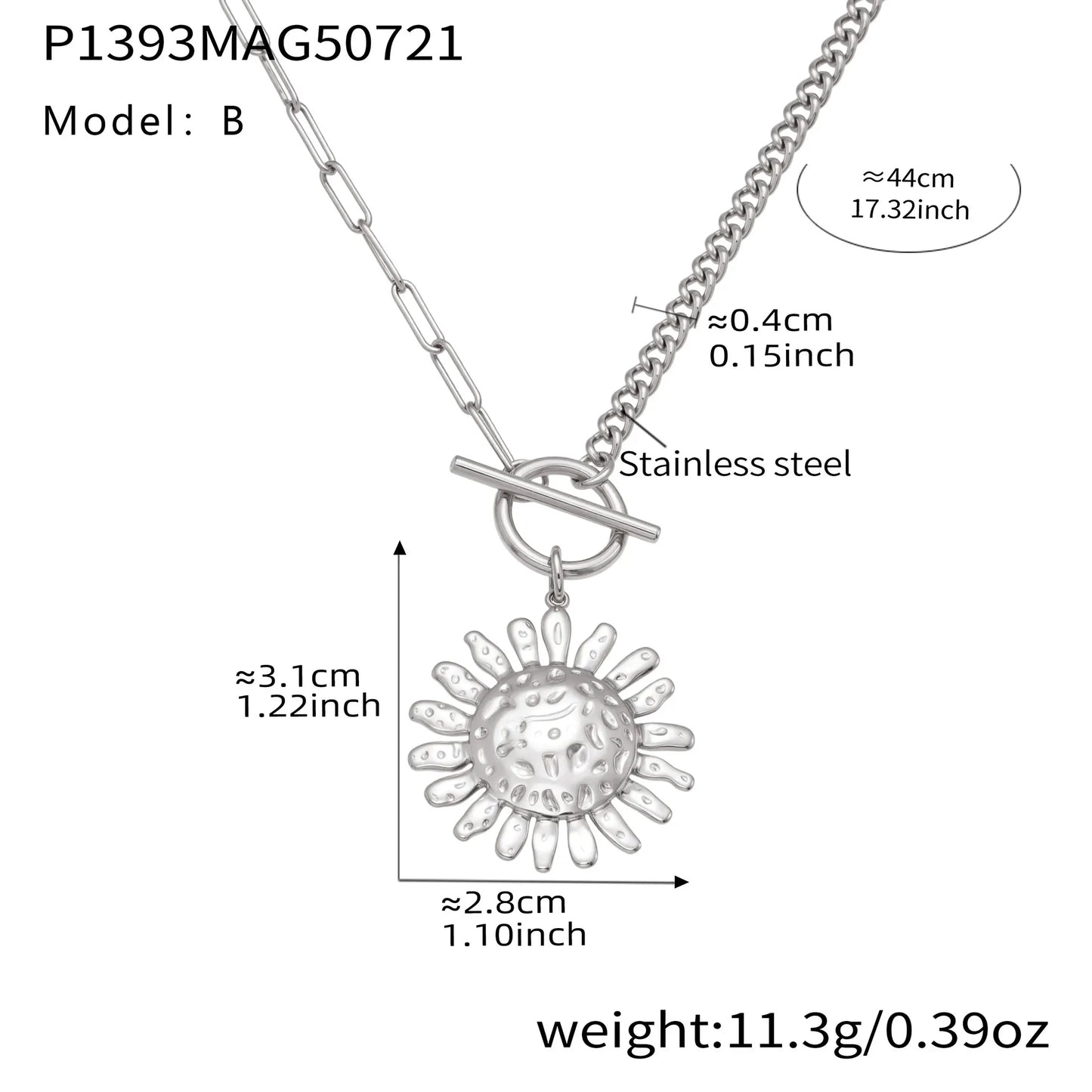 316L Stainless Steel Unique Hammered Sunflower OT Buckle Necklace - Image 9