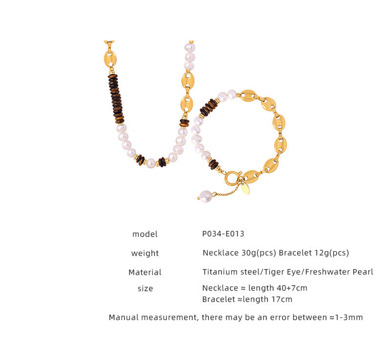 316L Stainless Steel Versatile Freshwater Pearl & Tiger Eye Pig Nose Chain Necklace & Bracelet Set - Image 6