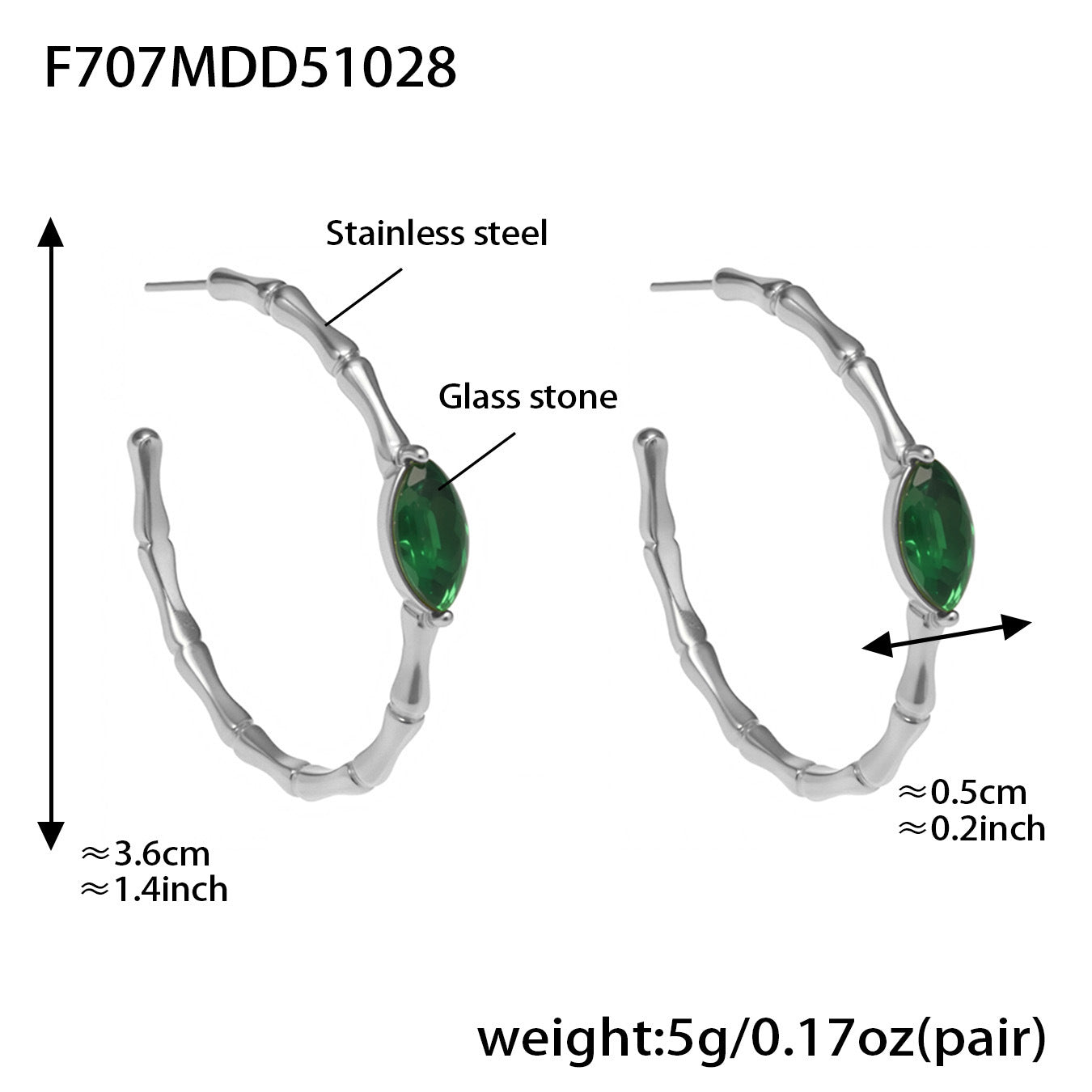 316L Stainless Steel Vintage Bamboo Green Glass C-Hoop Earrings - Image 4