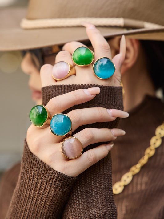 316L Stainless Steel Vintage Cat Eye Stone Ring, 18K Gold Plated - Sensitive Skin Friendly - Detail 14