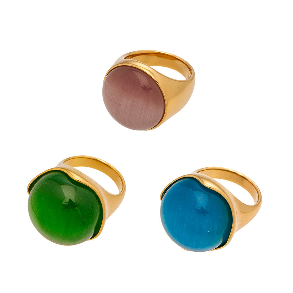 316L Stainless Steel Vintage Cat Eye Stone Ring, 18K Gold Plated - Sensitive Skin Friendly - Detail 18
