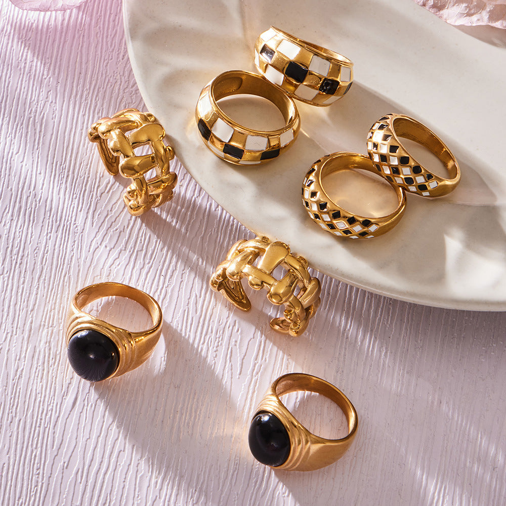 316L Stainless Steel Vintage Checkerboard Enamel Open Ring - Image 10