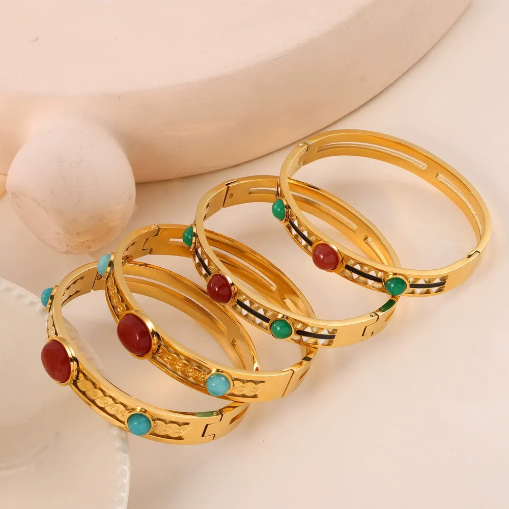 316L Stainless Steel Vintage Enamel Inlaid Stone Wide Cuff Bangle - Image 3