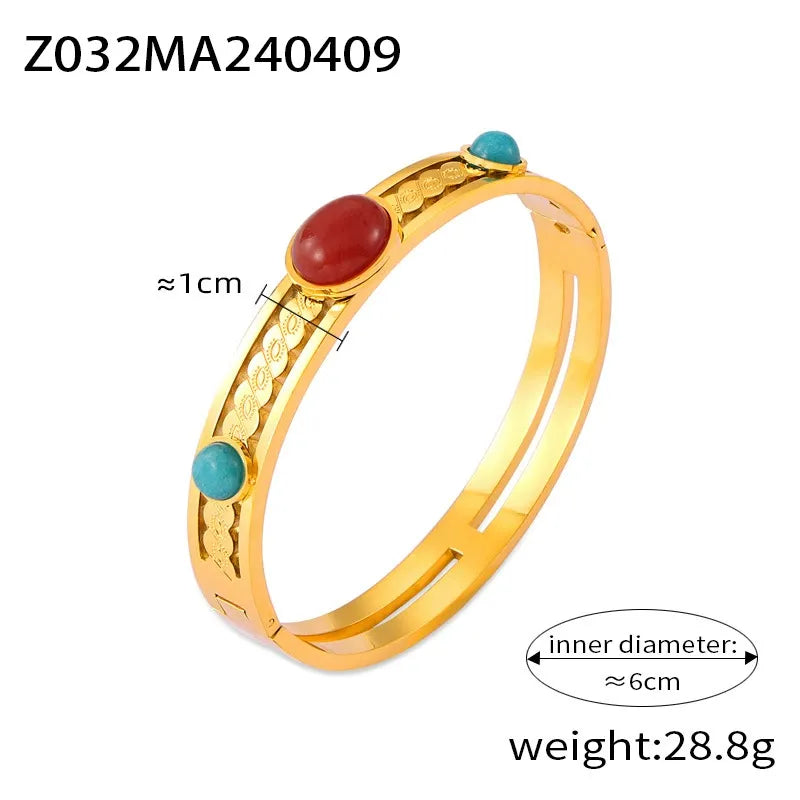 316L Stainless Steel Vintage Enamel Inlaid Stone Wide Cuff Bangle - Image 6