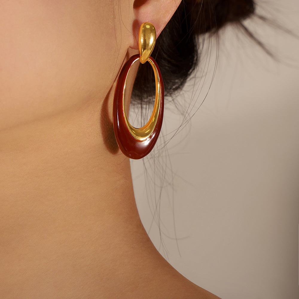 316L Stainless Steel Vintage French Style Geometric Enamel Oval Drop Earrings - Image 3