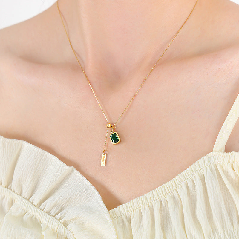 316L Stainless Steel Vintage Green Zircon Tassel Square Tag Necklace - Image 3