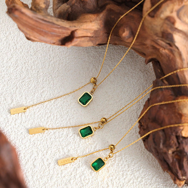 316L Stainless Steel Vintage Green Zircon Tassel Square Tag Necklace - Image 6