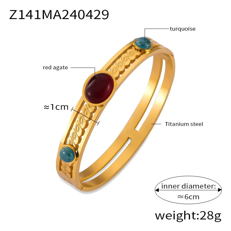 316L Stainless Steel Vintage Natural Stone Openwork Bangle - Image 6