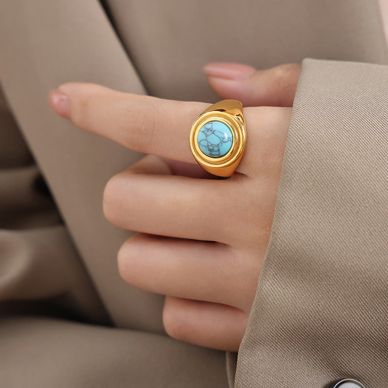 316L Stainless Steel Vintage Natural Stone Tiger's Eye & Blue Turquoise Ring - Image 1