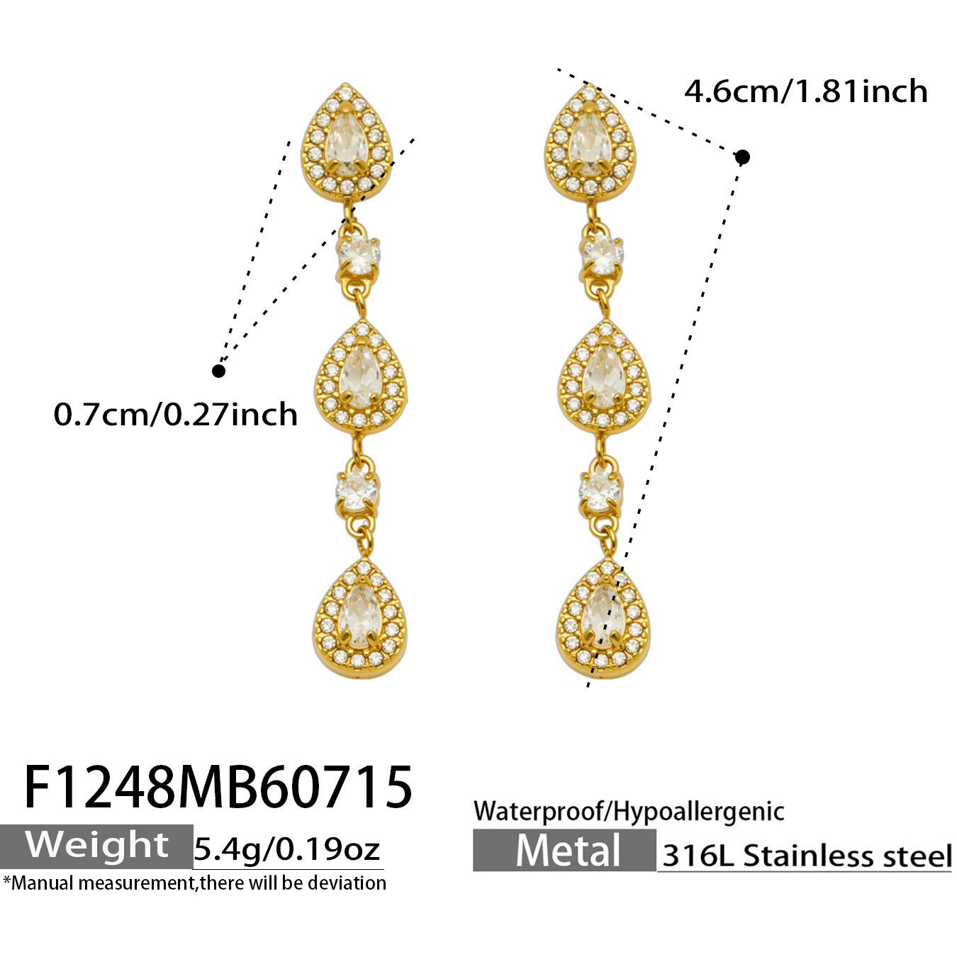 Elegant white zircon waterdrop earrings in gold